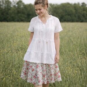 Wonderly White Tiered Ruffle Lace Trim Short Sleeve Tunic Cottagecore Women Sz S